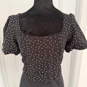 Womens Polka Dot Cropped Puff Sleeve Milkmaid Cottage Corset Top Black White M